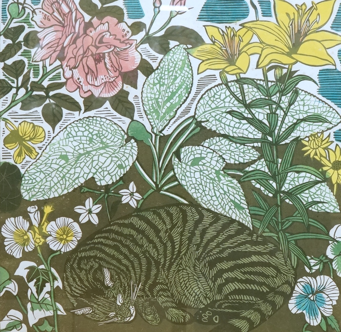 Richard Bawden (1936-2024), linocut, ‘Catnap’, signed in pencil and limited edition, 27/75, 52 x 51cm